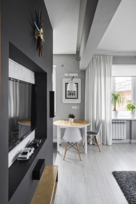 Asunnon suunnittelu harmaalla sävyllä: valokuva asunnosta - 30 neliömetriä.